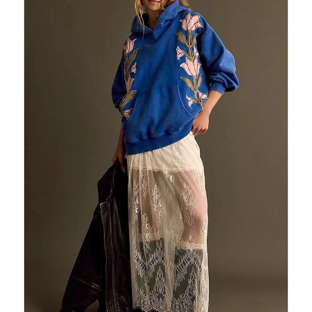 Free People We The Free it's a Vibe Flowers Hoodie Tunic Top Oversized M 289576